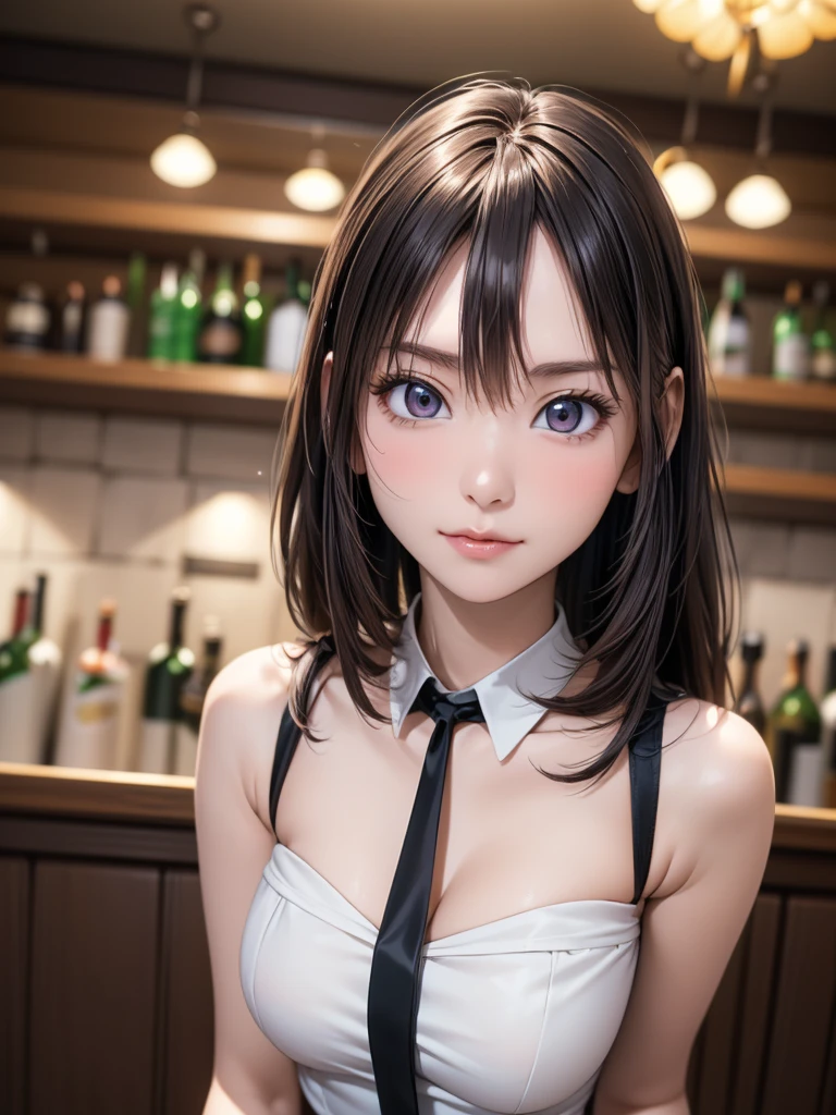 (masterpiece:1.3),(best quality, highest quality),((Full Body Shot,Including face)),4K,masterpiece,((Focus on the face)),((Symmetrical facial features)),Beautiful woman,(slender),((High heels)),Detailed depiction of the face,In front of the bar counter,profile,slenderな女性,Age 25,(((One cute woman))),