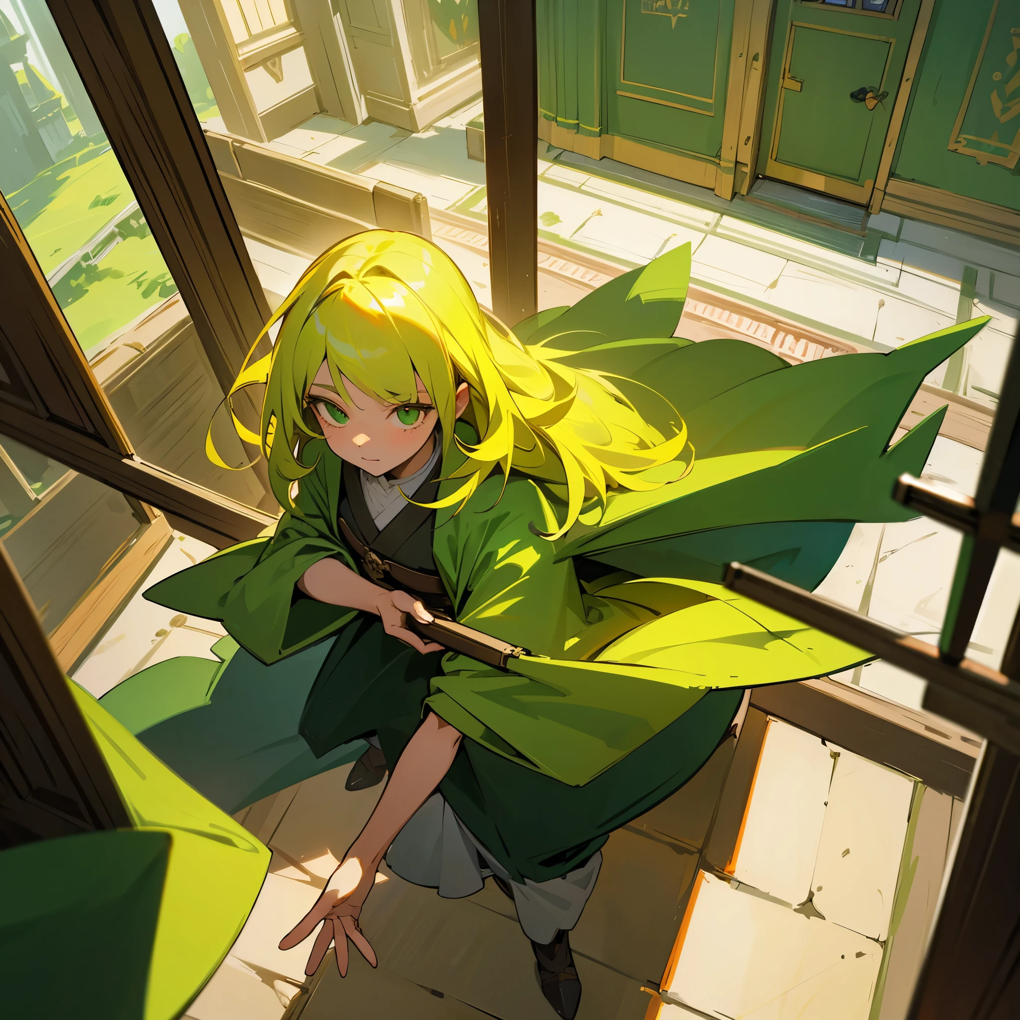 bird eye view, High Quality, High Resolution 1girl, green eyes, long yellow hair,green robe mage, fantasy, opening large door, tavern, medieval
