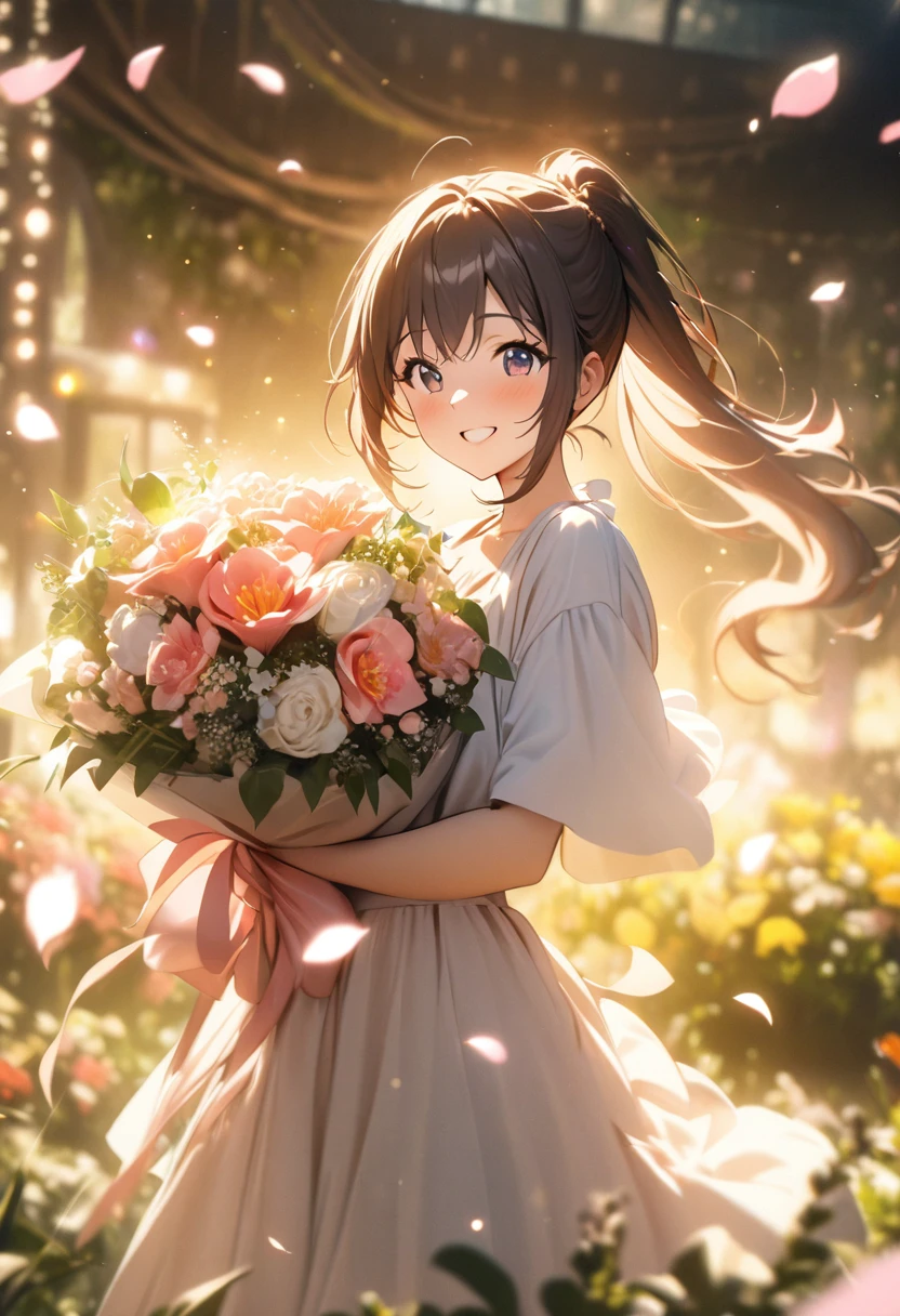 Anime, depth of field, cinematic lighting, lens flare, f/1.2, (Masterpiece: 1.2), (high resolution), flower garden, ponytail hair, girl with a bouquet, smile of joy, dancing petals, light effects, emotion photo, full of kindness, (bouquet for you), masterpiece, highest quality, highly detailed CG Unity 8k wallpaper,