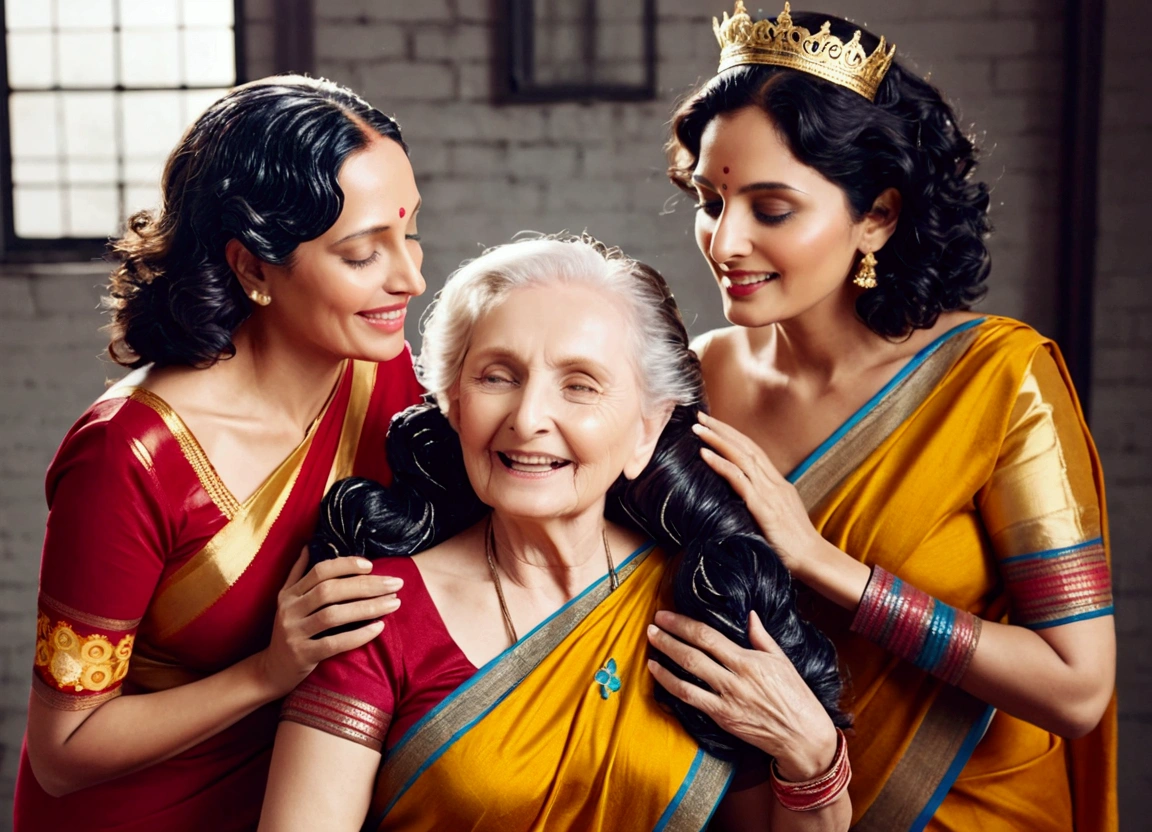 In indian home,two younger indian ladies and their eldery indian grandmama in sarees,unnatural unreal wiered black 3c curly:2.6 hairs like black springs,It is being coiled and coiled and coiled amd millon times coiled hairs made up in salon exact looking like image prompt,Showered highly wet hairs,Drenched and absorbed water in their hair,like hair flooded with 10000000000000000000000000000000000000000000 liters and soaked in thier hair,hairs like water pulp,Those hairs git pulpted and makes very thick hair curls like black warms on thier hairs,Their hairs got coiled with wetness,Shinning like mirrors stating big springs,one eldery grandmama lady seated down, other two younger bend over and licking head scalp of seated lady from behind, Like they raping seated lady' head scalp with kissing wildly,Generate ladies hairs are rapunzel and so much wet as wetness absobed in to their hairs and made curls exact as per the image prompt,Generate ladies hairs stricly following image prompt with mirror shininess and curliness,Generate indian younger and elderity woth respect to thier ages in the imahe prompt ladies