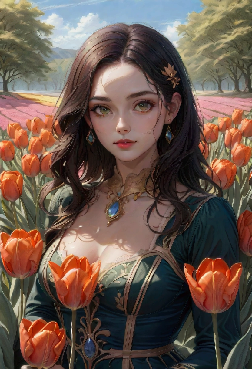 1girl, A field of vibrant tulips, beautiful detailed petals, lush green foliage, serene countryside landscape, warm golden hour lighting, (4k,8k,highres:1.2), ultra-detailed, HDR, UHD, studio lighting, ultra-fine painting, sharp focus, physically-based rendering, extreme detail description, professional, vivid colors, landscape, natural lighting, scenic, idyllic, masterpiece, best quality, very aesthetic, absurdres