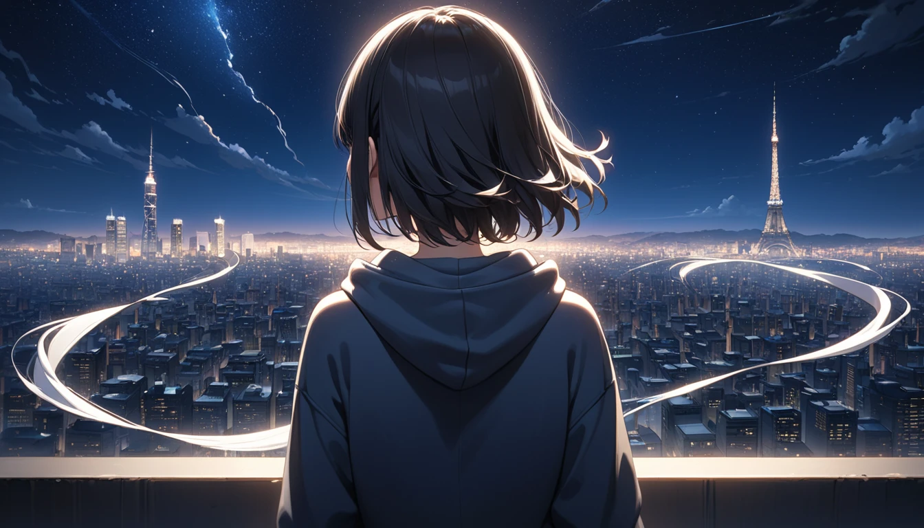Starry Sky、One woman、Black Hair、Short Hair、Hair blowing in the wind、Wearing a hoodie、Back view、Full body portrait、Overlooking the city from afar