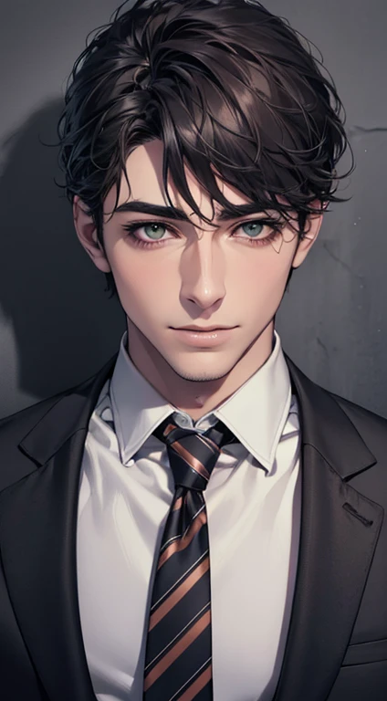 (Highest quality,4K,8K,High resolution,masterpiece:1.2),Super detailed,(Realistic,photoRealistic,photo-Realistic:1.37),1 person,34 years old,Mature Men,Beautiful skin、very handsome,Expressionless smile in love,Short gray Black hair,green eyes,Sharp Eyes,A perfect face without a doubt,Businessman, CEO, Office Background,Cinema Lighting,HDR image,tie、