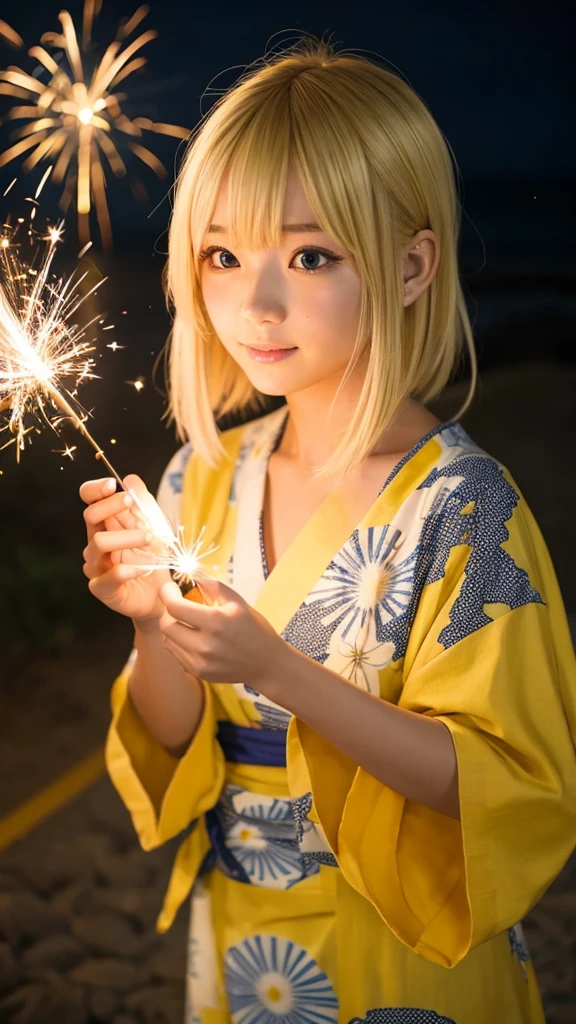 Blonde anime girl in a yellow yukata,Holding a sparkler in your hand