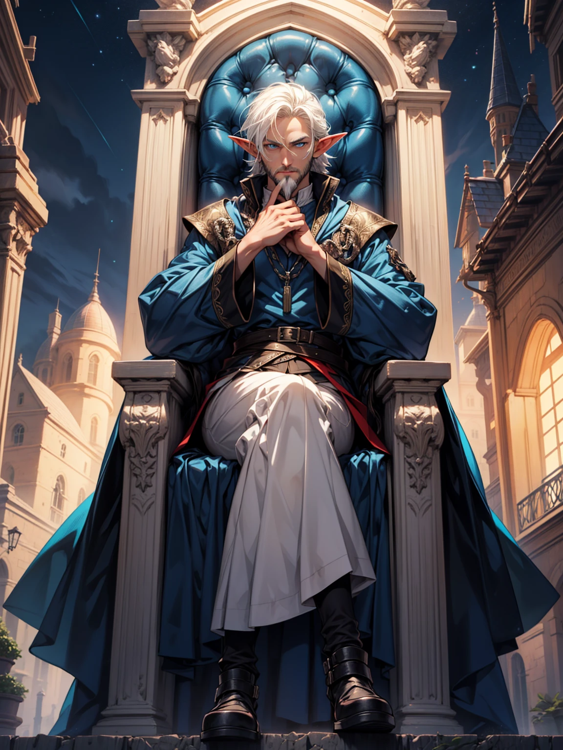 (High Detail:1.2) Anime man, (Best quality, Detailed), Top quality, high resolution, perfect human structure, ((36 years old)), 1man, (solo), elf, white hair, medium straigh hair, white long beard, (blue eyes), serious, gravelly:1.3, dark:1.2, fair skin, medieval luxe outfit, beautiful, intense look, dynamic pose, sitting on throne, medieval castle, face view, (night), (8k, vibrant colors, digital art, concept art)