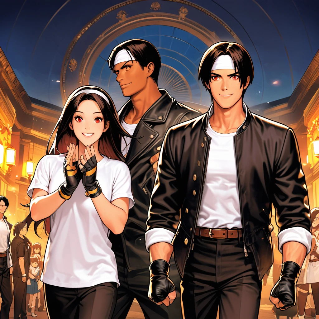 Orochikyo、Dark Skin、2 people、ツーshot、Red eyes、Black jacket（Rolling up his sleeves）、Fingerless gloves、Black Hair、White T-shirt、（（head band））、Black trousers、White shoes、Brown belt、good looking、shot、Charm、masterpiece、High resolution、Detailed face、Fine particles、night、Happy smiling men and women、The French Pantheon in the background、Laughing men and women、Men and women with the same hairstyle and clothes、Walking with hands above head