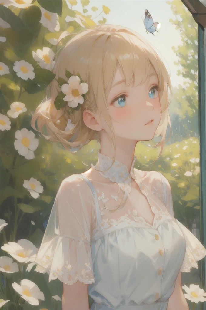 (best quality, masterpiece, ultra-realistic), 1 beautiful delicate portrait of a girl with a soft and peaceful expression, the background scenery is a garden with flowers and butterflies flying around. --v6