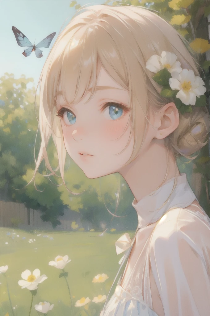(best quality, masterpiece, ultra-realistic), 1 beautiful delicate portrait of a girl with a soft and peaceful expression, the background scenery is a garden with flowers and butterflies flying around. --v6