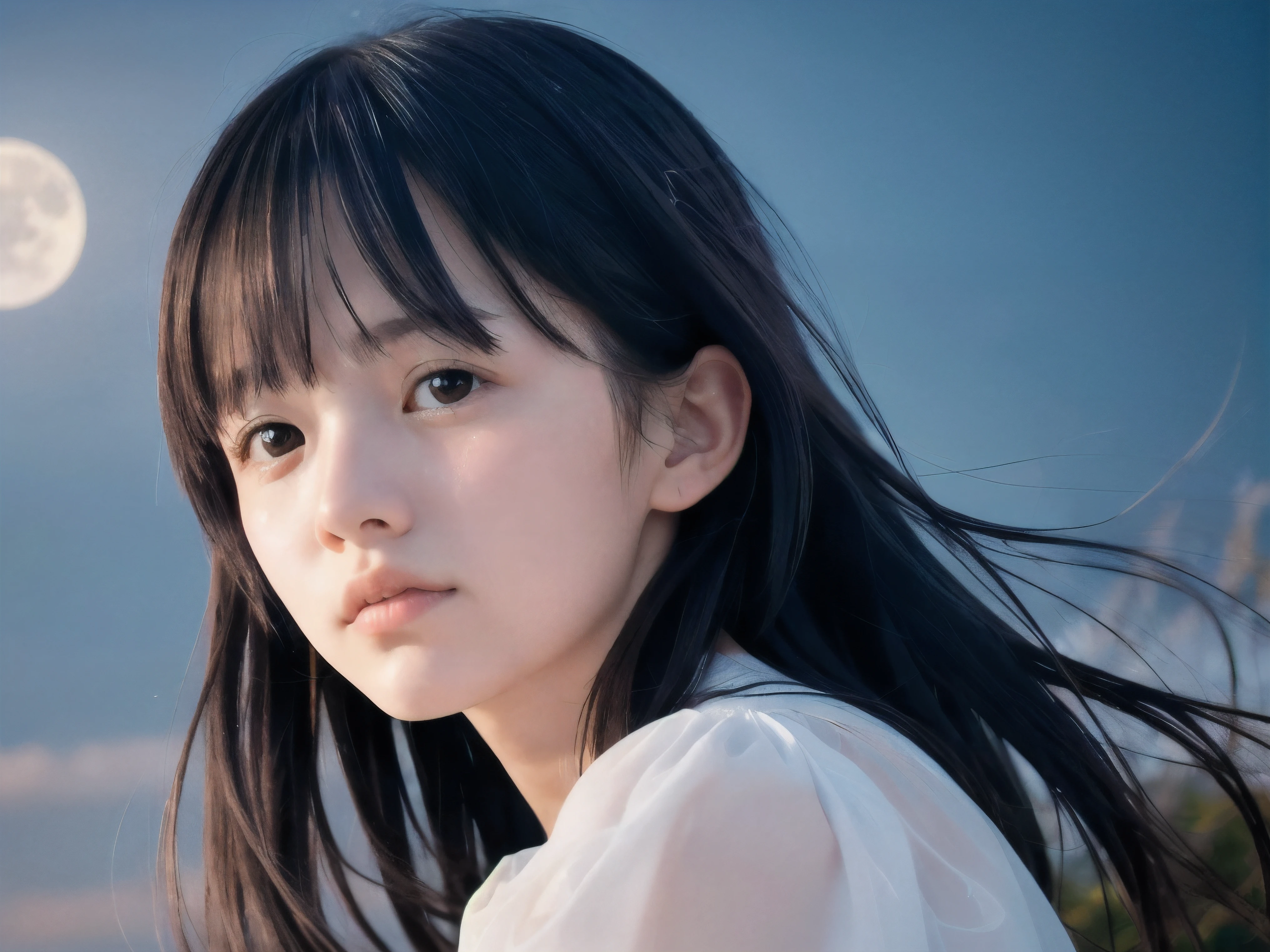 (Close up face shot of slender small-breasted two side up black medium hair with bangs girl wearing a white summer dress:1.5)、(One girl is crying with tears at the cape of the sea in Japan:1.5)、(Beautiful midnight with full moon and stars on the sea:1.5)、(blurred background:1.5)、(Natural light:1.5)、(8k ultra detailed master piece:1.5)、(perfect anatomy:1.5)、(Photorealistic stick:1.5)、(Raw photo:1.3)、(highest quality:1.5)、(High resolution:1.3)、(Delicate and beautiful perfect face:1.3)、(Delicate and beautiful eye air skin:1.3)、(Real Human Skin:1.3)、((thin legs))