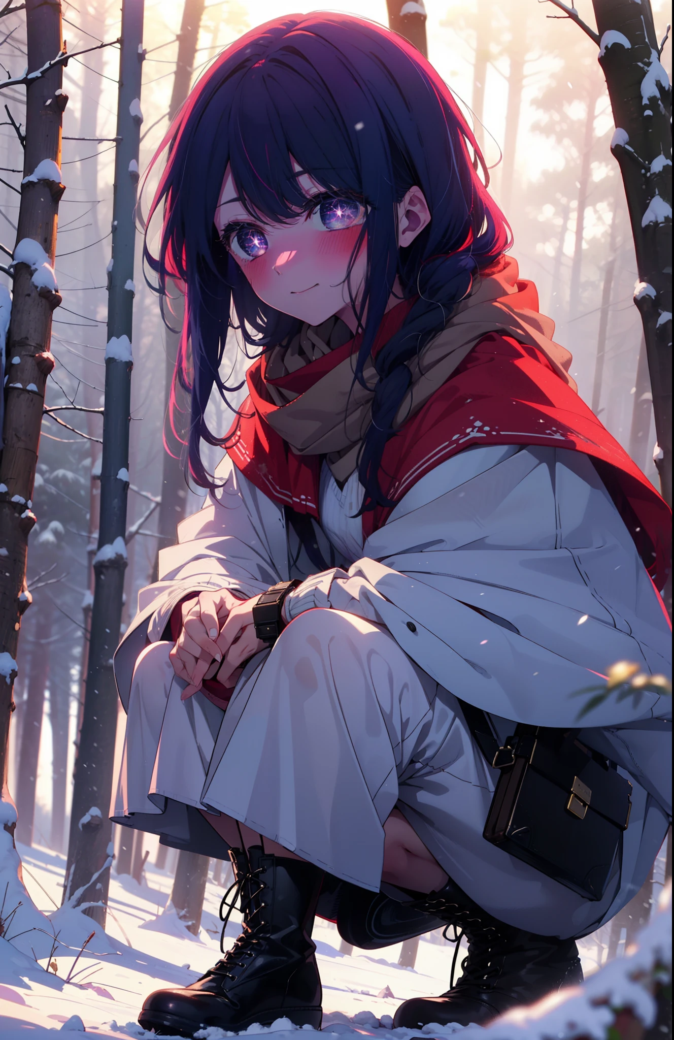 aihoshino, Ai Hoshino, Long Hair, bangs, (Purple eyes:1.1), Purple Hair, (Symbol-shaped pupil:1.5), smile,,smile,blush,white breath,
Open your mouth,snow,Ground bonfire, Outdoor, boots, snowing, From the side, wood, suitcase, Cape, Blurred, , forest, White handbag, nature, Squat, Mouth closed, Cape, winter, Written boundary depth, Black shoes, red Cape break looking at viewer, Upper Body, whole body, break Outdoor, forest, nature, break (masterpiece:1.2), Highest quality, High resolution, unity 8k wallpaper, (shape:0.8), (Beautiful and beautiful eyes:1.6), Highly detailed face, Perfect lighting, Extremely detailed CG, (Perfect hands, Perfect Anatomy),