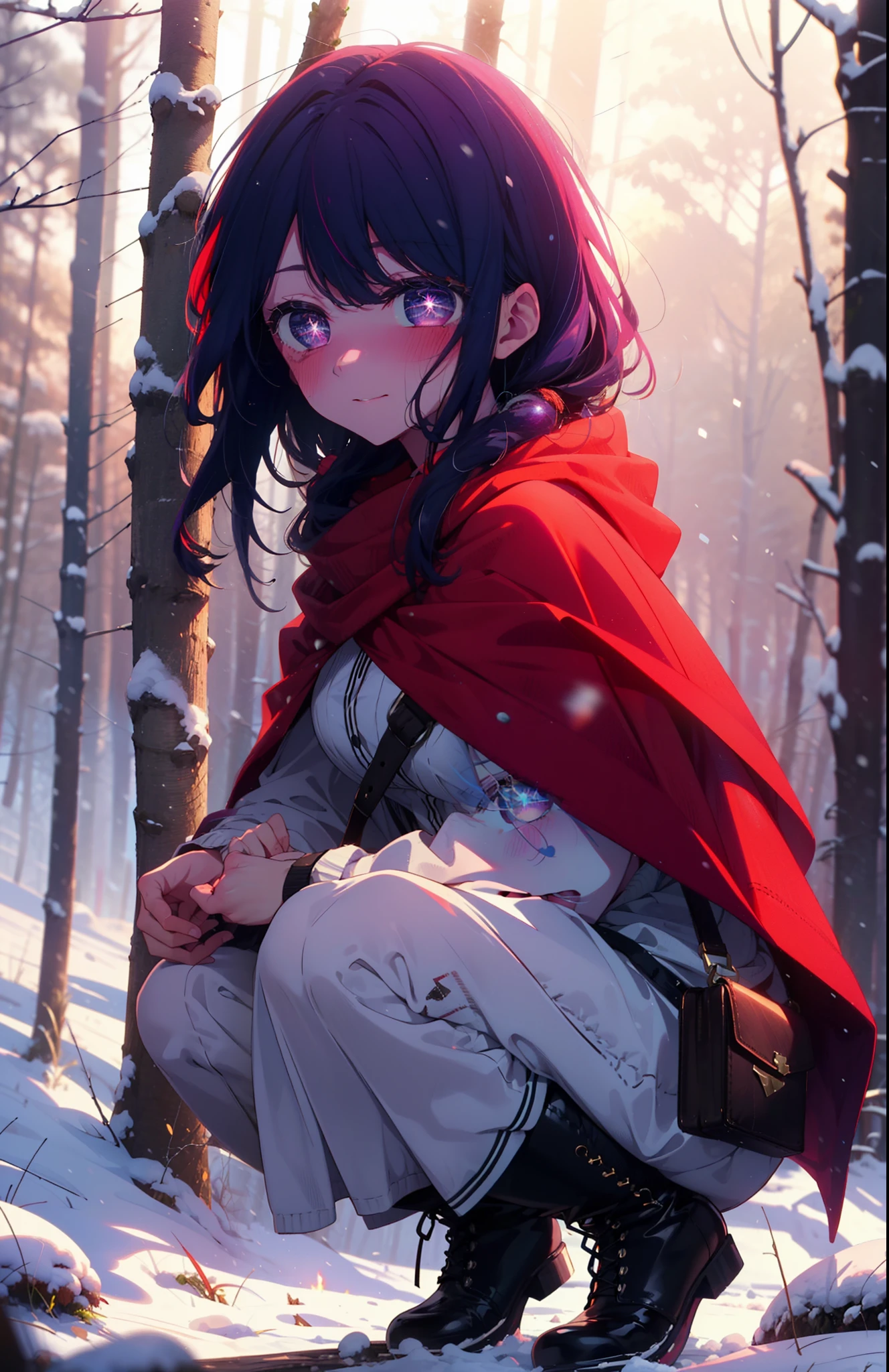 aihoshino, Ai Hoshino, Long Hair, bangs, (Purple eyes:1.1), Purple Hair, (Symbol-shaped pupil:1.5), smile,,smile,blush,white breath,
Open your mouth,snow,Ground bonfire, Outdoor, boots, snowing, From the side, wood, suitcase, Cape, Blurred, , forest, White handbag, nature,  Squat, Mouth closed, Cape, winter, Written boundary depth, Black shoes, red Cape break looking at viewer, Upper Body, whole body, break Outdoor, forest, nature, break (masterpiece:1.2), Highest quality, High resolution, unity 8k wallpaper, (shape:0.8), (Beautiful and beautiful eyes:1.6), Highly detailed face, Perfect lighting, Extremely detailed CG, (Perfect hands, Perfect Anatomy),