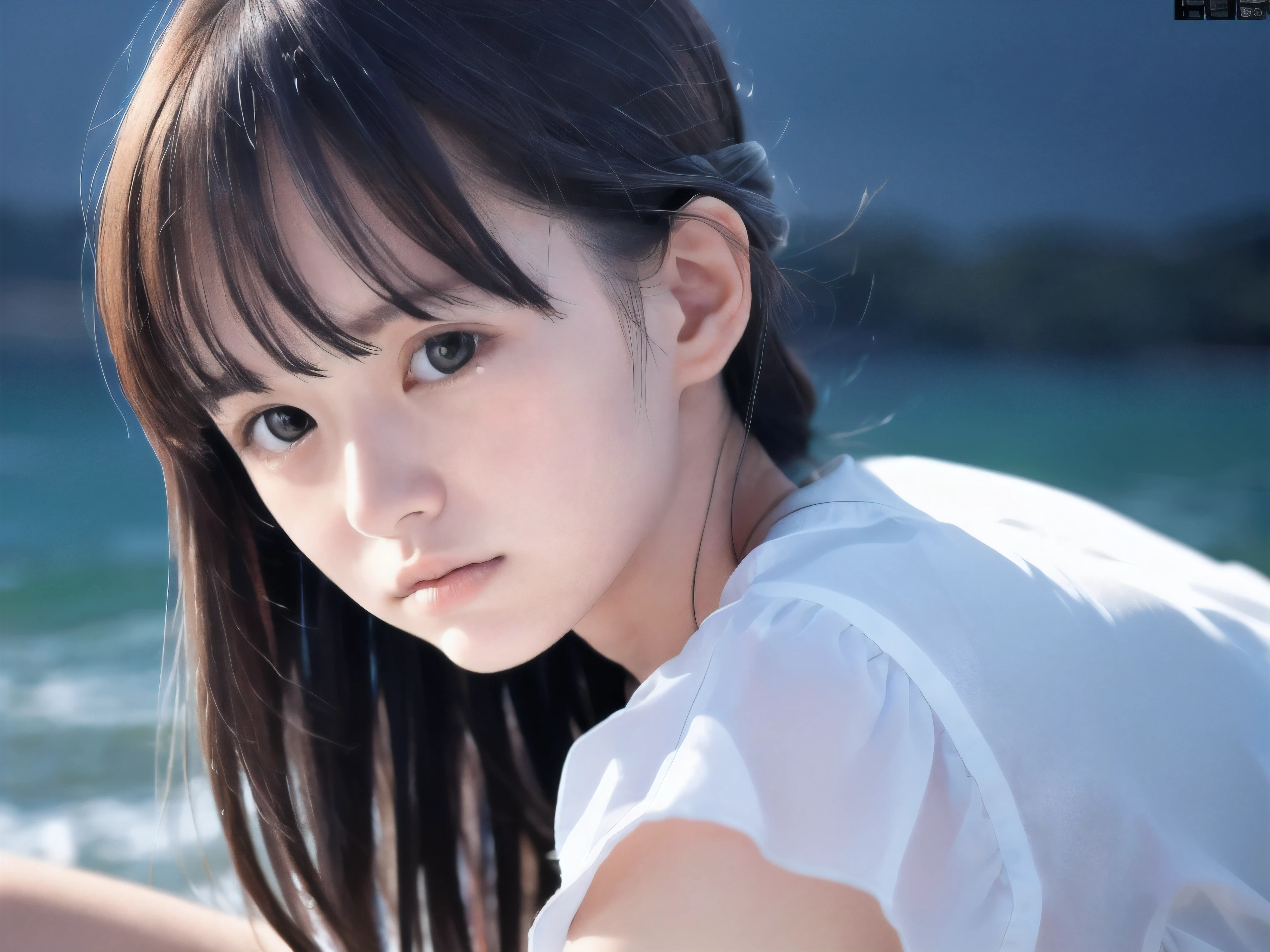 (Close up face shot of slender small-breasted half up brown long hair with bangs girl wearing a white summer dress:1.5)、(One girl is crying with tears at the cape of the sea in Japan:1.5)、(Beautiful midnight with full moon on the sea:1.5)、(blurred background:1.5)、(Natural light:1.5)、(8k ultra detailed master piece:1.5)、(perfect anatomy:1.5)、(Photorealistic stick:1.5)、(Raw photo:1.3)、(highest quality:1.5)、(High resolution:1.3)、(Delicate and beautiful perfect face:1.3)、(Delicate and beautiful eye air skin:1.3)、(Real Human Skin:1.3)、((thin legs))