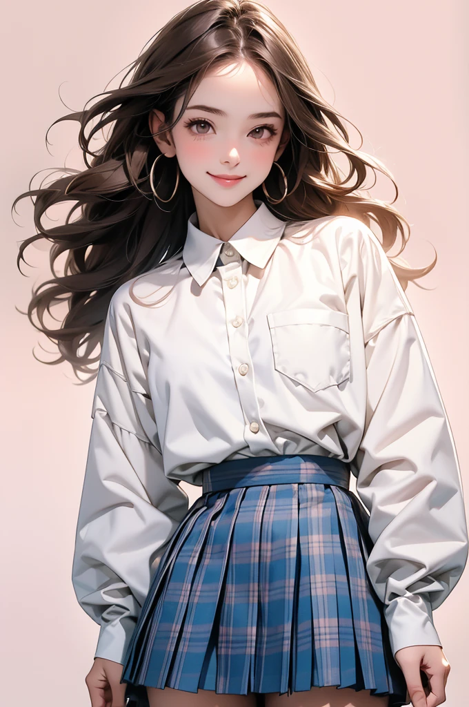 high resolution,smile,happy,light smile,woman,woman1人,adult,Clear,cute,
Brown Hair,BREAK, Light brown eyes,BREAK,wavy hair,long hair,blunt bangs,BREAK,
high school girl,uniform,White Y-shirt,Long sleeve Y-shirt,BREAK,
Dark blue plaid skirt,Pleated skirt,BREAK,
hairpin, Facing forward,BREAK,Pink background,