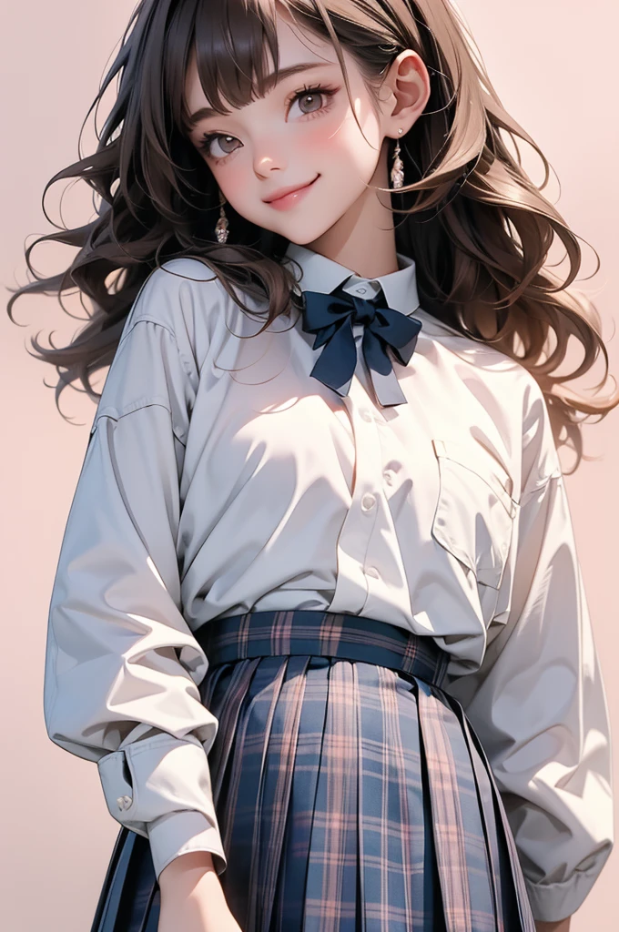 high resolution,smile,happy,light smile,woman,woman1人,adult,Clear,cute,
Brown Hair,BREAK, Light brown eyes,BREAK,wavy hair,long hair,blunt bangs,BREAK,
high school girl,uniform,White Y-shirt,Long sleeve Y-shirt,BREAK,
Dark blue plaid skirt,Pleated skirt,BREAK,
hairpin, Facing forward,BREAK,Pink background,