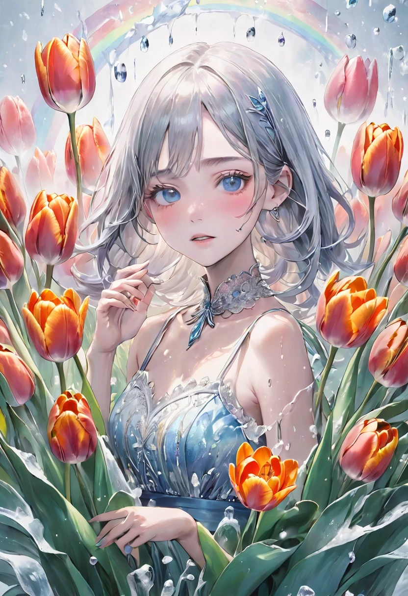 Highest quality、masterpiece、Ultra-high resolution、Ultra-high resolution、Super detailed、Very detailed painting、Painting with a delicate touch、beautiful、Insane beauty、BREAK、A sliver of tulips、Rainbow colored tulips、Frozen、Very icy tulips、Dry ice smoke
