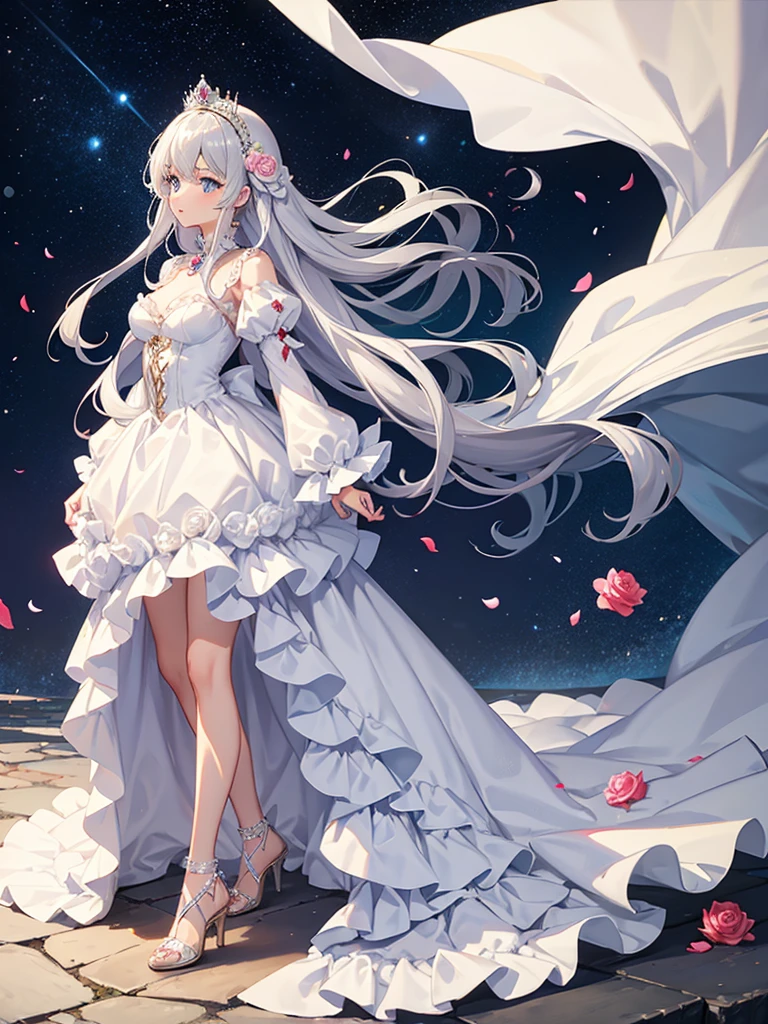 Princess, princess dress, rose dress, puffy sleeves, breasts, tan skin, crown, long hair, silver hair, blue eyes, heels, 1girl, Solo, wind