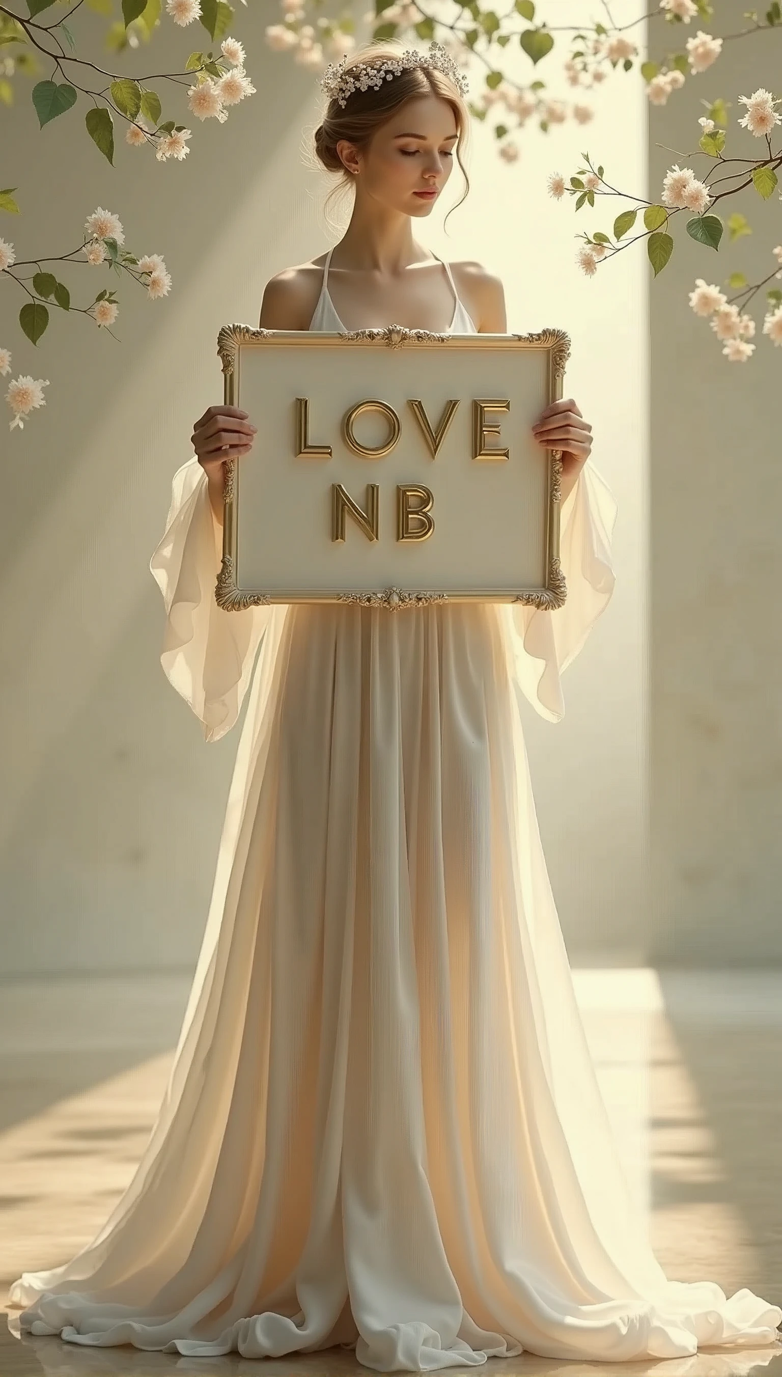 Exquisite pure beauty holding a sign，It says（ LOVE NB）