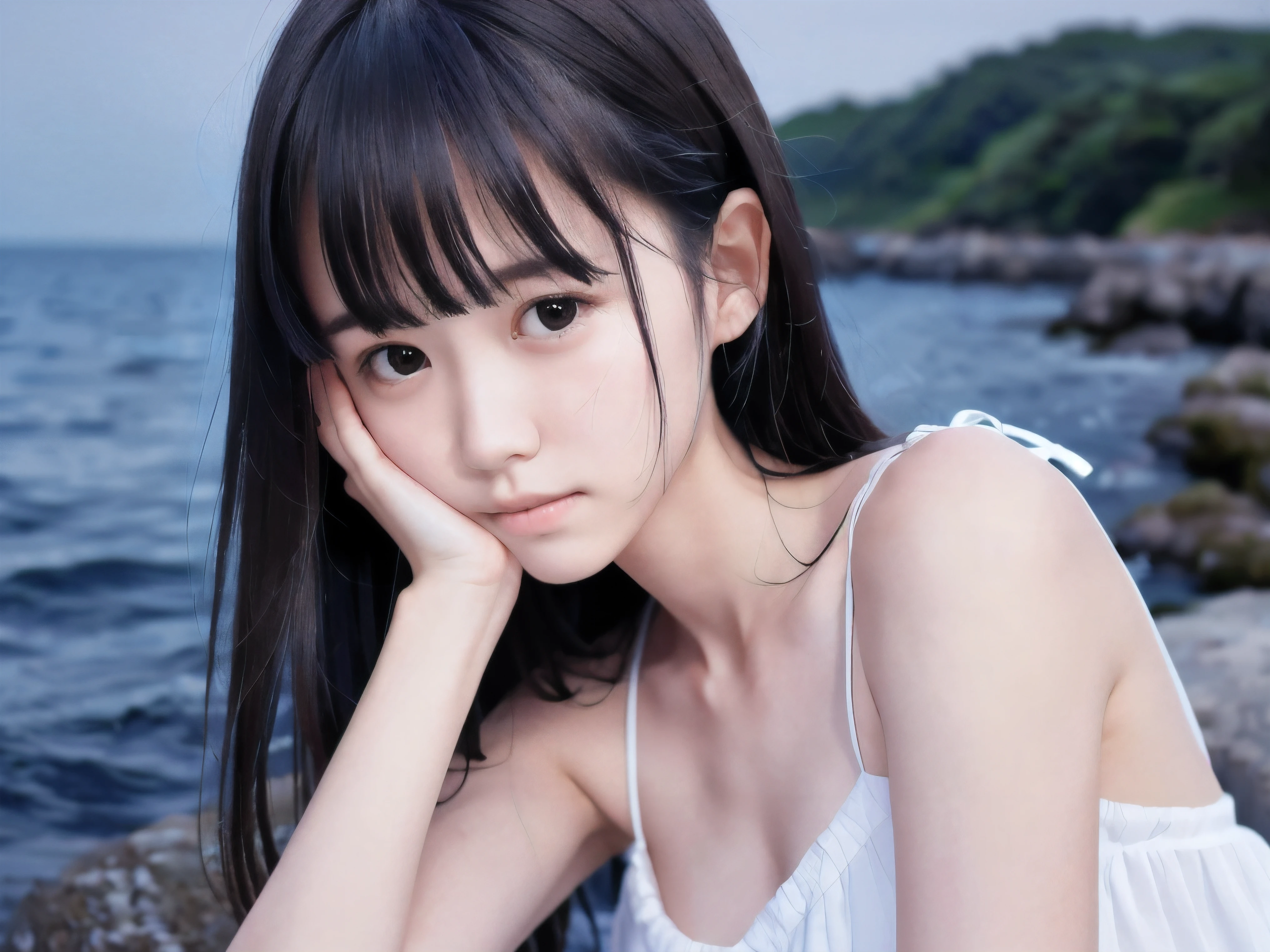 (Close up face shot of slender small-breasted half up brown long hair with bangs girl wearing a white summer dress:1.5)、(One girl is crying with tears at the cape of the sea in Japan:1.5)、(Beautiful midnight with full moon on the sea:1.5)、(blurred background:1.5)、(Natural light:1.5)、(8k ultra detailed master piece:1.5)、(perfect anatomy:1.5)、(Photorealistic stick:1.5)、(Raw photo:1.3)、(highest quality:1.5)、(High resolution:1.3)、(Delicate and beautiful perfect face:1.3)、(Delicate and beautiful eye air skin:1.3)、(Real Human Skin:1.3)、((thin legs))