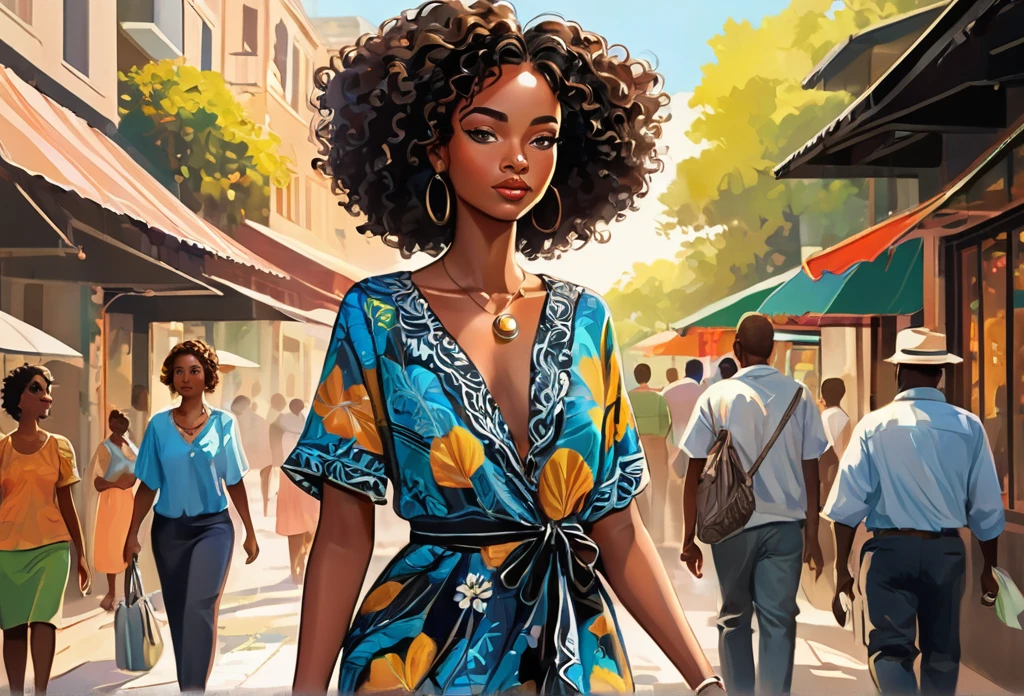 A black woman, casual dress walking,
(masterpiece best quality:1.2) delicate illustration ultra-detailed, illustrations, bright, colourful,