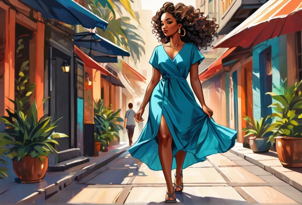 A black woman, casual dress walking,
(masterpiece best quality:1.2) delicate illustration ultra-detailed, illustrations, bright, colourful,