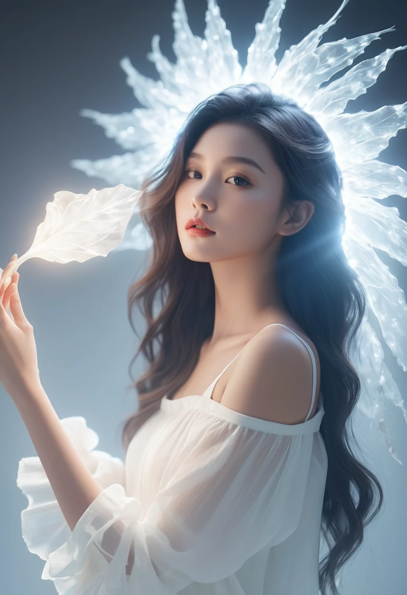 ((gem_Light elements)), (Translucent luminous body_Wearing a white ruffled shirt:1.3), (Girl made of light: 1.2, Long Wavy Hairstyle，Delicate features and lightness:1.3), (Minimalism: 0.5), (Close-up shot from the waist up: 1.3), 4K, HDR, Acid Graphics, Fantasy works, [Detailed and vivid facial expressions: 0.33], (White translucent glowing body and hair: 1.3), Beautiful woman with silhouette and glow, Understated elegance.. Calm and solemn atmosphere，Bring a subtle sense of luxury... Gray smooth texture, Fashion pose, Fluorescence, Glowing Tattoo, 生物Glowing Tattoo, Luminous pattern.