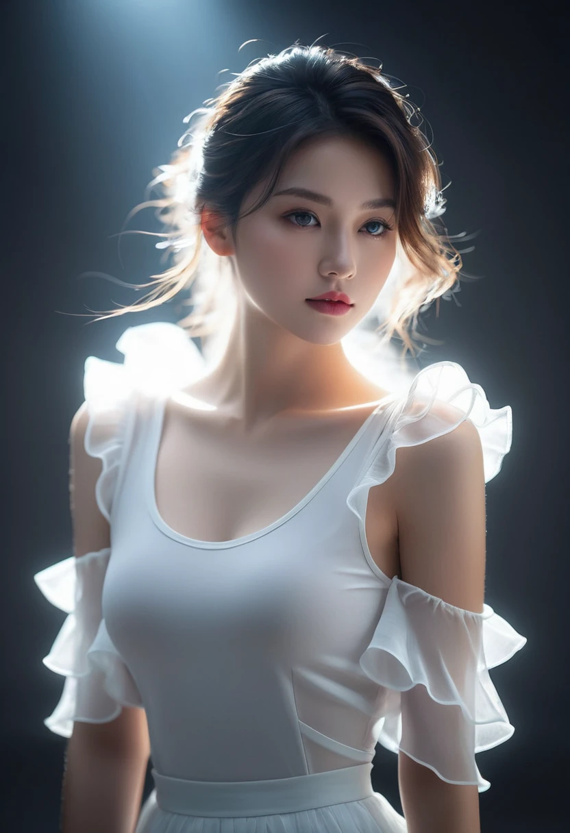 ((gem_Light elements)), (Translucent luminous body_Wearing a white ruffled shirt:1.3), (Girl made of light: 1.2, Long Wavy Hairstyle，Delicate features and lightness:1.3), (Minimalism: 0.5), (Close-up shot from the waist up: 1.3), 4K, HDR, Acid Graphics, Fantasy works, [Detailed and vivid facial expressions: 0.33], (White translucent glowing body and hair: 1.3), Beautiful woman with silhouette and glow, Understated elegance.. Calm and solemn atmosphere，Bring a subtle sense of luxury... Gray smooth texture, Fashion pose, Fluorescence, Glowing Tattoo, 生物Glowing Tattoo, Luminous pattern.