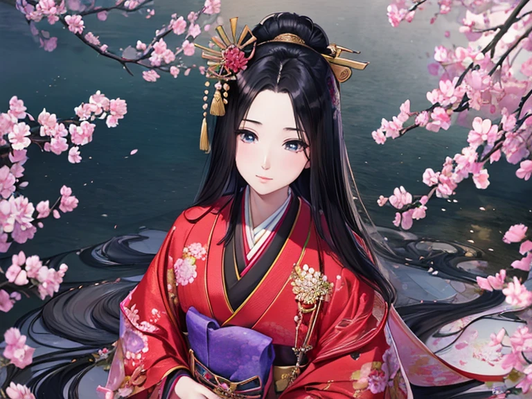 (Highest quality、 8k 、masterpiece、High resolution)、Heian period、A beautiful young woman from the nobility、、(Straight hair、Long, beautiful black hair),(12 Single layer kimono、The beauty of layered colors),Official Art、Detailed CG、