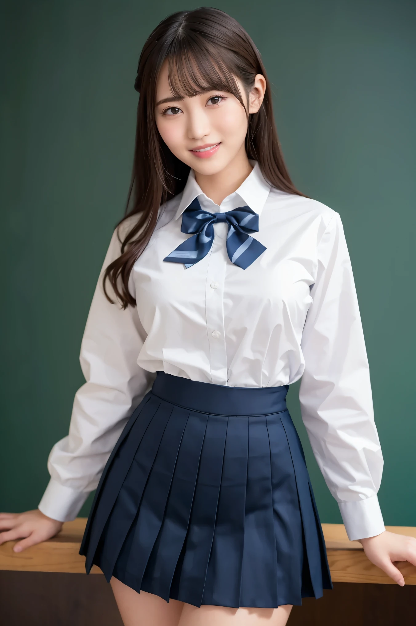 (Highest quality、Tabletop、8k、Best image quality、Award-winning works)、Cute school girl、(White polyester collared shirt:1.1)、(Uniform bow tie on chest:1.1)、(Navy Pleated Skirt:1.1)、Girl portrait photography、Glowing Skin、Standing Elegantly、(Perfectly blurred school classroom background:1.1)、(Classroom large blackboard background:1.2)、(Big Breasts:1.3)、(Accentuate your body lines:1.2)、smile、Smiling with beautiful teeth、(Face close-up:1.2)