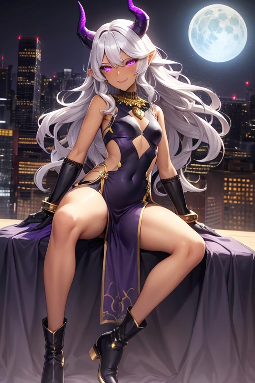 ((best quality)), ((masterpiece)), (detailed), 1 girl, full body, 20s, brown skin, dark elf, african american, flirty face, young adult, evil smile, purple eyes, moons in eyes, black sclera, white hair, somewhat wavy hair, long hair, bangs, blushing, medium breasts, small braid, gold necklace, crown, very small black horns, purple and white witch dress, bare arms, cloth on arms, seductive legs, purple boots, fan, golden wristbands, purple gloves, city background, magic, anime