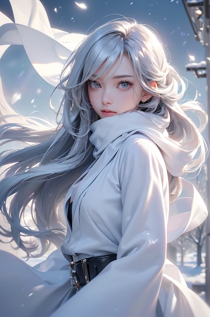 ((masterpiece:1.5、8k、Portraiture、フォトリアリスティックでVery detailedなCG、Very detailed、Particle Effects、Dynamic Effects、Shallow depth of field、Cinematic Light、Lens flare、Ray Tracing、Tabletop、Realistic:1.4、Ultra-high resolution:1.2、Realistic、Realistic))((alone、,オフショルダーのドレスの上にカシミアのcoatを着た女性:1.4、wear a long scarf、White belt、coat、Elegant woman posing、Detailed face、bright表情、young, bright, Whiter skin、small breasts、Best Looks、Ultimate beauty、Shiny silver hair with highlights、bright and shiny hair,、Super long, Silky straight hair、Hair dancing in the wind))(morning、outdoors, winter, snow falling)
