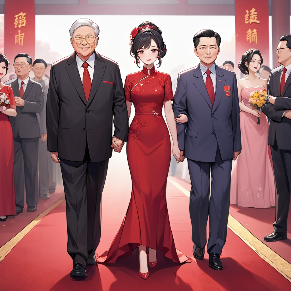 ((Highest quality)), ((masterpiece)), (detailed), (Perfect Face)、The woman is a Chinese woman named Kocho Shinobu.。, Purple gradient bob black hair and formal evening hairstyles. She is wearing an engagement ring. She is a prominent member of the Chinese Communist Party.、She is the wife of a great old Communist Party official.、The woman is beautifully dressed in a gorgeous red wedding dress typical of the Chinese Communist Party, and she loves her husband dearly and is happy to be his wife.、She walked side by side with a dignified elderly Communist Party official down the red carpet aisle in a loving wedding ceremony.。A loving Chinese Communist couple