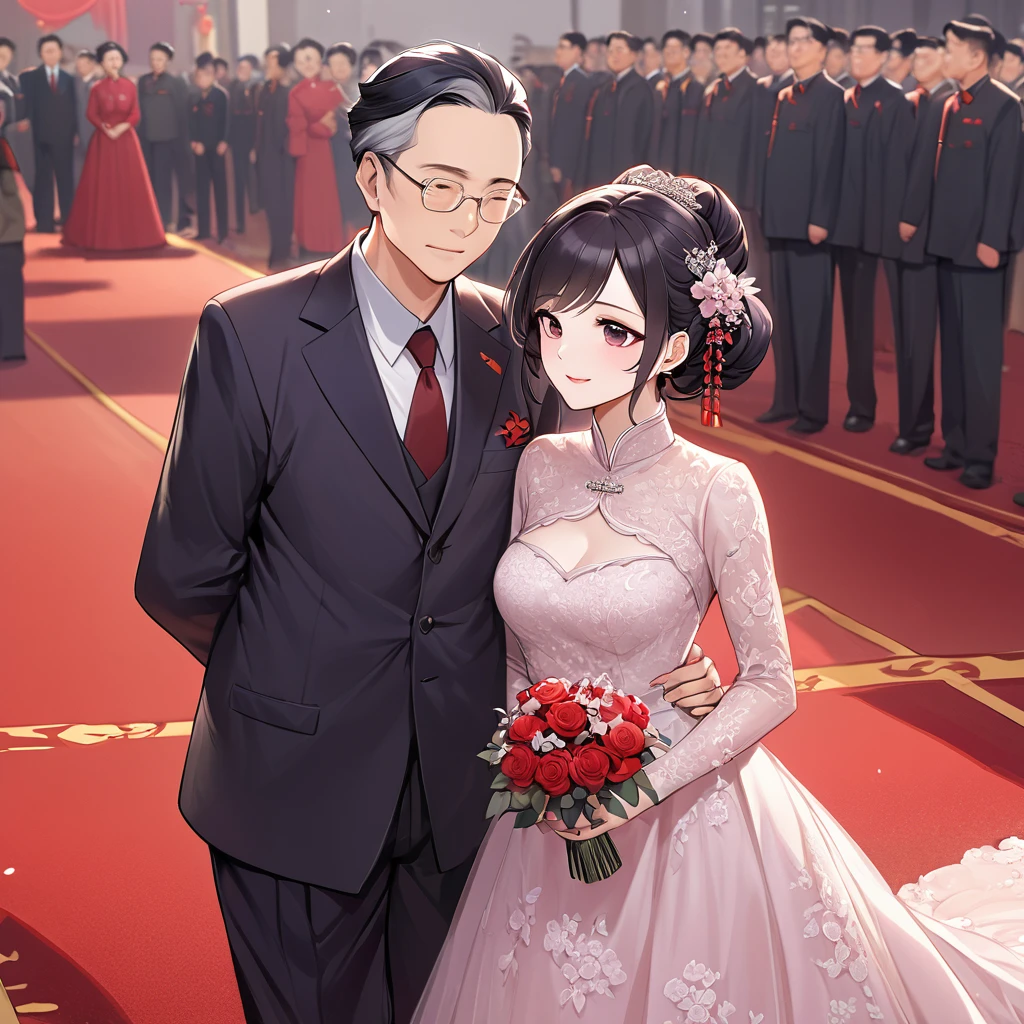 ((Highest quality)), ((masterpiece)), (detailed), (Perfect Face)、The woman is a Chinese woman named Kocho Shinobu.。, Purple gradient bob black hair and formal evening hairstyles. She is wearing an engagement ring. She is a prominent member of the Chinese Communist Party.、She is the wife of a great old Communist Party official.、The woman is beautifully dressed in a gorgeous red wedding dress typical of the Chinese Communist Party, and she loves her husband dearly and is happy to be his wife.、She walked side by side with a dignified elderly Communist Party official down the red carpet aisle in a loving wedding ceremony.。A loving Chinese Communist couple