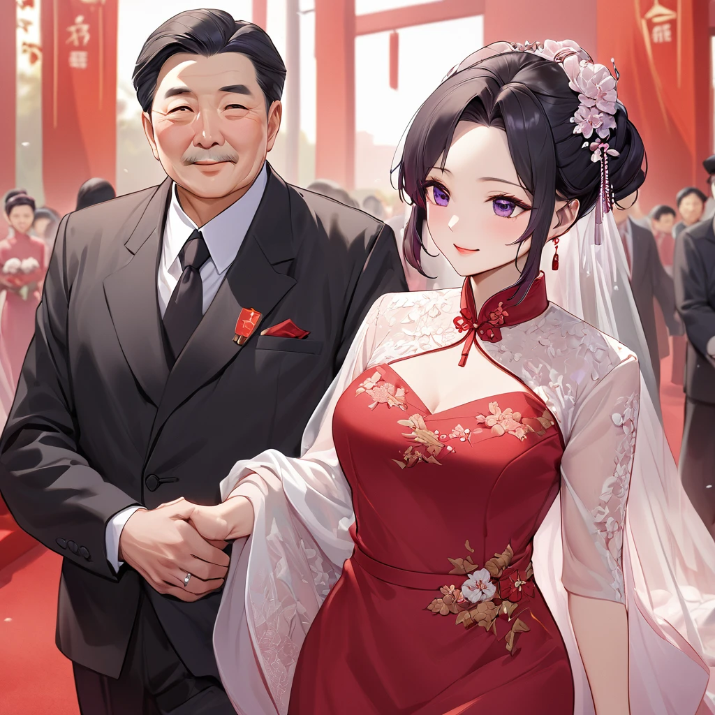 ((Highest quality)), ((masterpiece)), (detailed), (Perfect Face)、The woman is a Chinese woman named Kocho Shinobu.。, Purple gradient bob black hair and formal evening hairstyles. She is wearing an engagement ring. She is a prominent member of the Chinese Communist Party.、She is the wife of a great old Communist Party official.、The woman is beautifully dressed in a gorgeous red wedding dress typical of the Chinese Communist Party, and she loves her husband dearly and is happy to be his wife.、She walked side by side with a dignified elderly Communist Party official down the red carpet aisle in a loving wedding ceremony.。A loving Chinese Communist couple