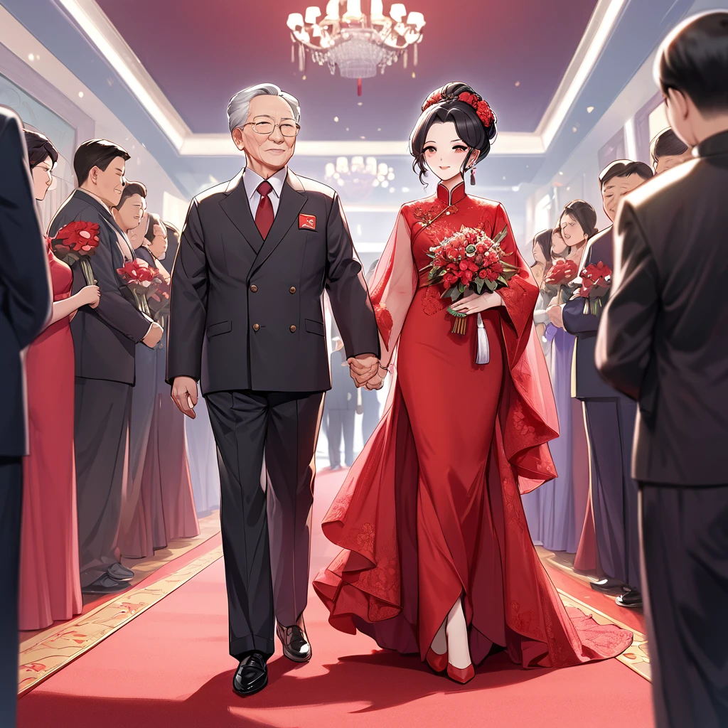 ((Highest quality)), ((masterpiece)), (detailed), (Perfect Face)、The woman is a Chinese woman named Kocho Shinobu.。, Purple gradient bob black hair and formal evening hairstyles. She is wearing an engagement ring. She is a prominent member of the Chinese Communist Party.、She is the wife of a great old Communist Party official.、The woman is beautifully dressed in a gorgeous red wedding dress typical of the Chinese Communist Party, and she loves her husband dearly and is happy to be his wife.、She walked side by side with a dignified elderly Communist Party official down the red carpet aisle in a loving wedding ceremony.。A loving Chinese Communist couple