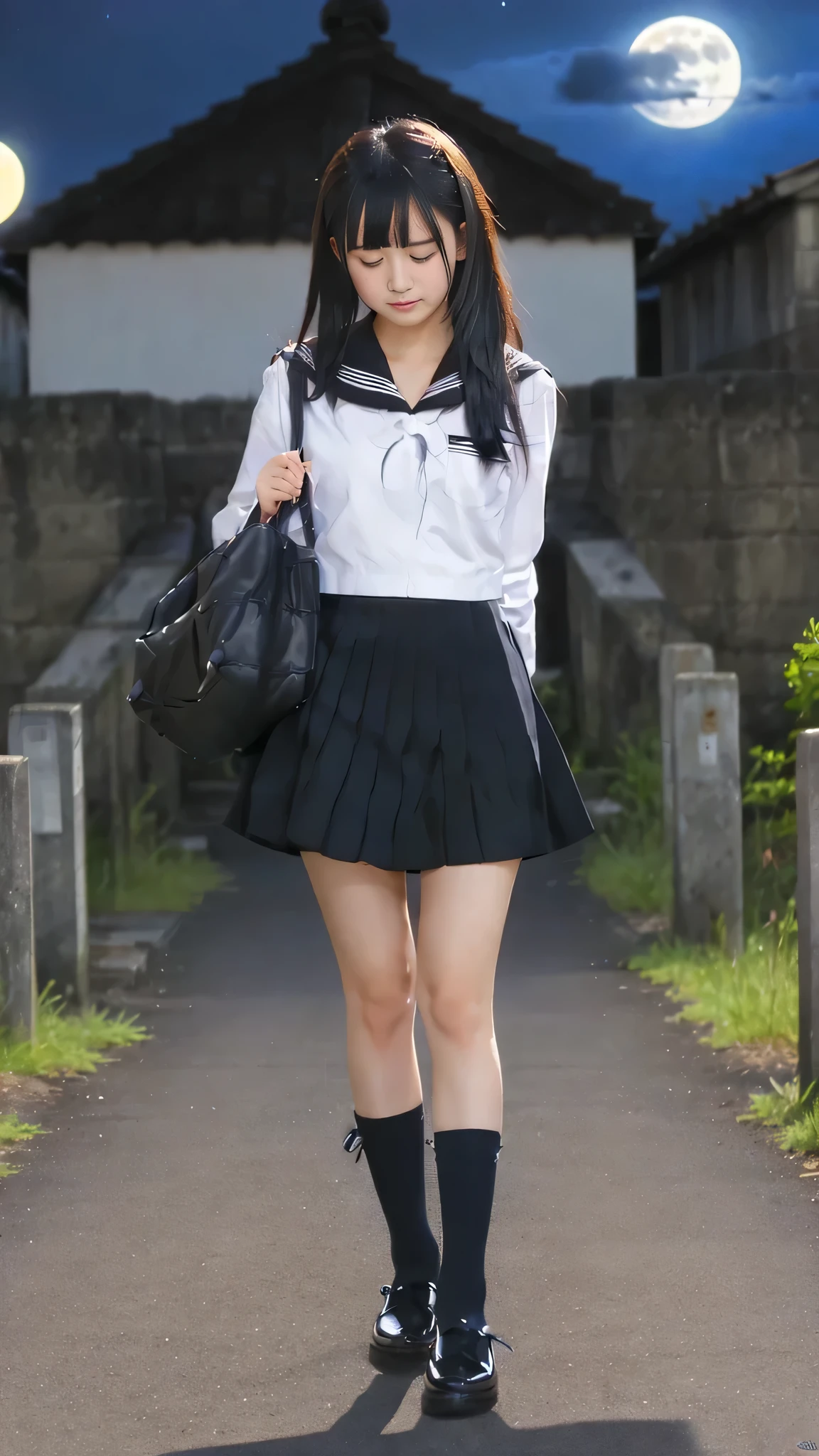 masterpiece, highest quality, realistic, RAW photo, Digital single-lens reflex camera, ((1 person)), Beautiful Japan girl at 18 years old, shiny fair skin, Realistic beautiful make-up face, realistic and beautiful eyes, double eyelid, (((anxiety, frightened eyes:1.3, fear, nervous:1, tears, cry:1.4, afraid))), (The most detailed shiny black hair and bangs), (((ponytail hair))), slim body shape, slim face, slim waist, (((H cup, large breasts))), ((serafuku)), (((Japanese student indigo sailor suit, summer clothes, pleated mini skirt:1.2, black sox:1.2, brown loafer shoes:1.2, white panty:1.2))), (((front:1.3))), Leaving school, (((quarry, moon light))), (((dark night))), ((foggy)), realistic shadow, Depth of bounds written, The best delicate and beautiful photos, ultra high resolution, 8K UHD Wallpapers, nsfw, upper half body