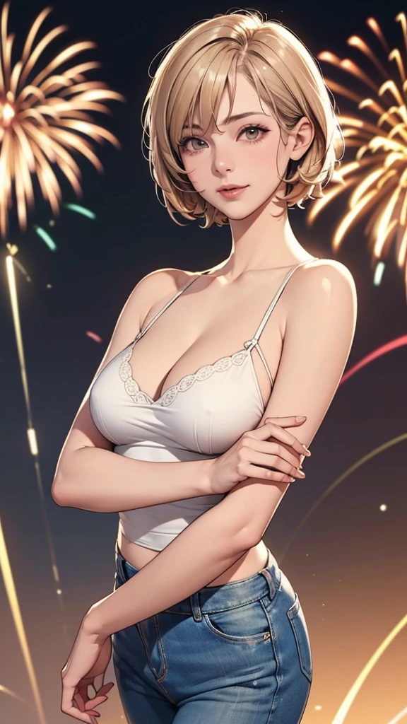 (((HD photo))), ultra high res.photorealistic:. 1.4, UHD, masterpiece, trending on artstation, full body, closeup of face and cleavage, 1girl, pretty, cute face, most beautiful in the world, soft, delicate, (very short hair, blonde:1.3), cute breasts , (wearing white top, short denim hot pants), facial expression is very happy, at the firework festival, detailed background,
