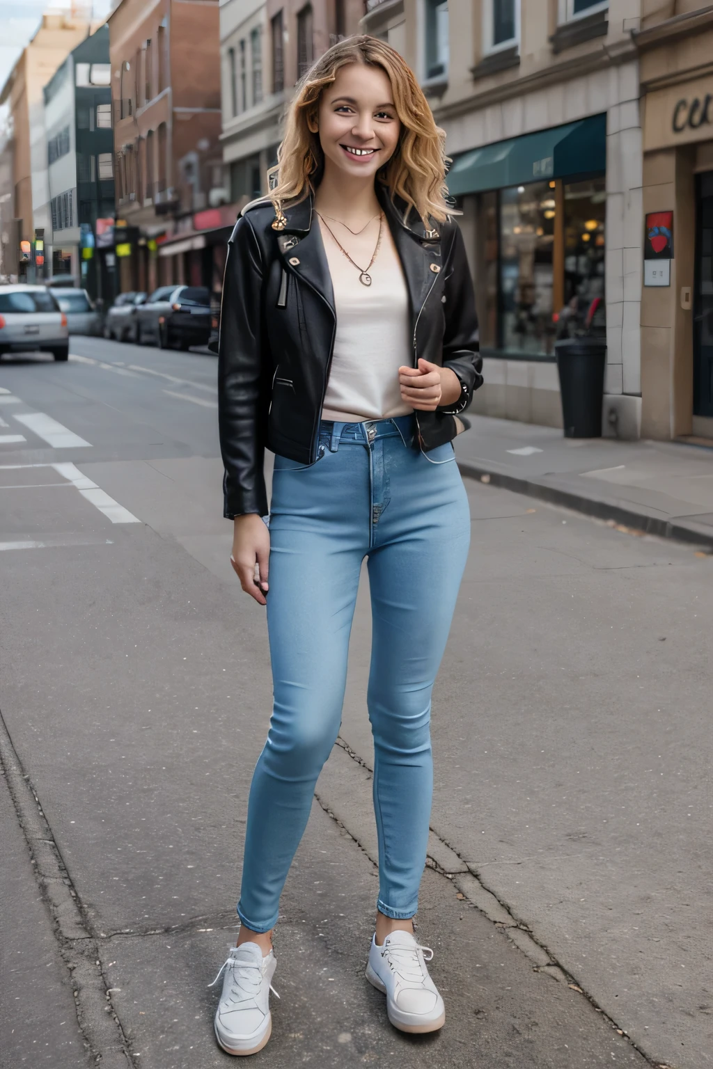Highest quality, Full body photo、Standing Caucasian woman、Blonde Hair、blue eyes、Ear piercing、Wavy Hair、smile、necklace、leather jacket、shirt、Skinny jeans、sneakers、The background is the city