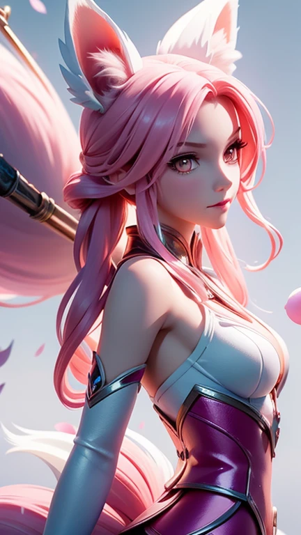Nine snow-white fox tails (1.0), milky fox tail (1.0), fox close-up of nine tails, nine-tails, nine-tails, anime girl with pink hair and pink dress with flowers on her hair, very beautiful anime fox girl, beautiful anime fox girl, beautiful fantasy anime, guweiz, anime girl with fox ears, beautiful anime girl, very beautiful and cute fox girl, pink flower rain, background blur, anime style 4 K, anime fantasy artwork, 4k anime wallpaper, Artwork in the Guvez style