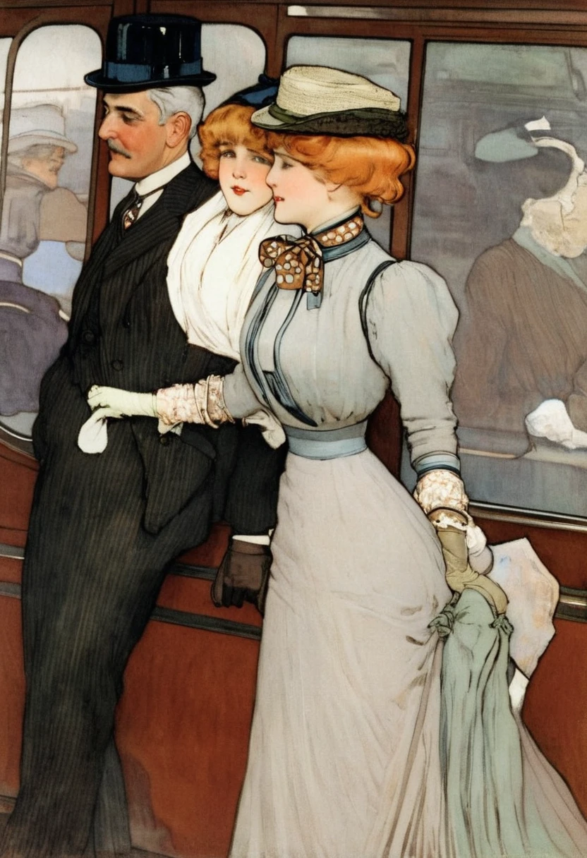 best quality, masterpiece, by Jessie Willcox Smith, bright colors, A yo blonde girl riding the streetcar is groped by the aged, white-haired perverted 69yo man sitting next to her staring intently at her breasts. Girl wearing an Edwardian outfit (((1900_dr3ss))), hat, gloves, boots. Man wearing a three-piece business suit, starched collar bowtie and bowler hat