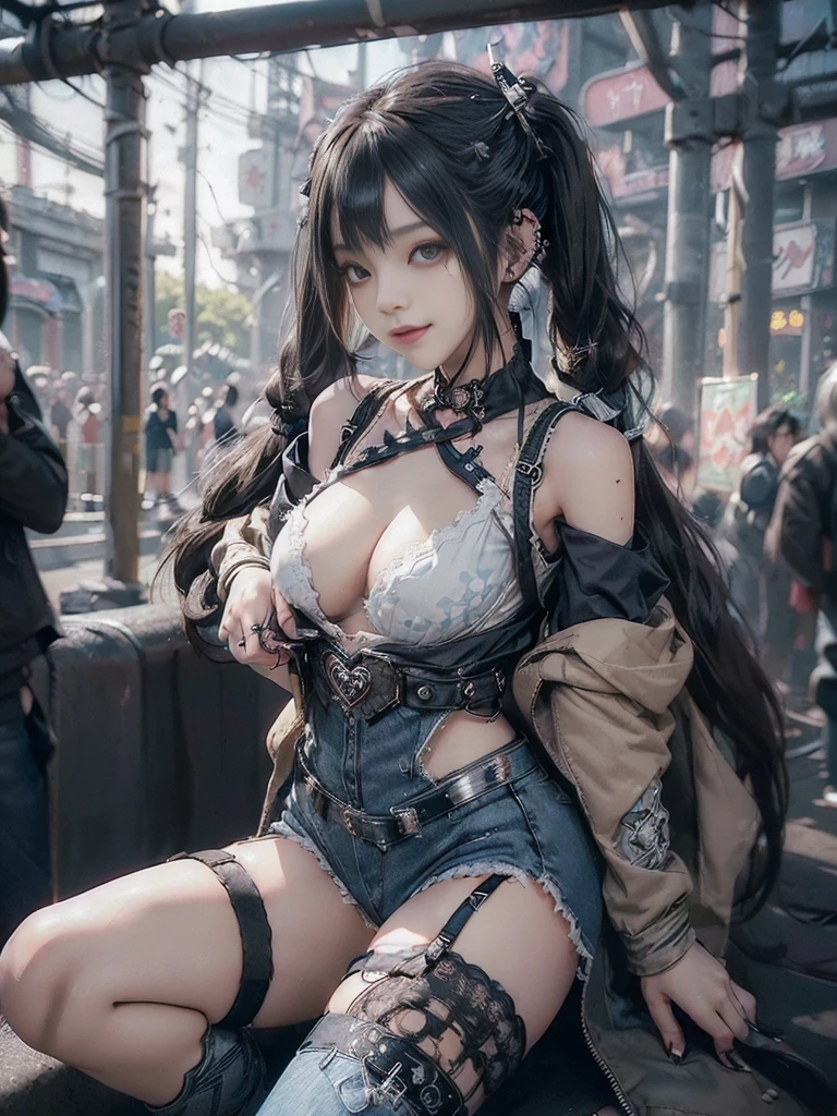 (Full Body View:1.2)、(Side view:1.1)、(Smiling with teeth showing:1.3),(Shibuya Gal:1.5)、(Super Companion:1.4)、(gothic  fashion:1.5)、(Punk RockVisual Kei:1.3)、(Futuristic baby doll in black, white and denim:1.5)、(A delicate jacket in denim, beige and navy:1.5)、(Denim garter belt:1.5)、(Denim and black and white bodysuit:1.4)、(Heart-shaped silver accessories:1.5)、(Brown Skin Belt:1.4)、(Blue High Heels:1.4)、(Lace patterned underwear:1.4)、20-year-old、NSFW,((Highest quality、In 8K、masterpiece:1.3))、Sharp focus:1.2、(Layered Cut、Beautiful boobs:1.1),Beautiful woman with perfect figure:1.4、(Doing an aerobics pose:1.3)、Slender Abs:1.2、Butt、Highly detailed face and skin texture、Detailed eyes、double eyelid,(Twin tails:1.3)、(Black brown hair:1.3)、Obscene、Gravure idol、(Luxurious amusement park at night:1.3)、(Make your legs thinner:1.4)、(Thin thighs:1.4)、(Slim Body:1.3)、(clavicle:1.1)