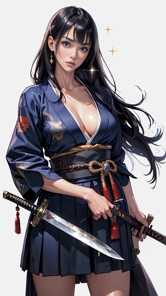 Cowboy Shot、((White Background))、One Woman、Very beautiful woman、Slender women、Thin eyebrows、Watery eyes、(warrior:1.2)、Big Breasts、Open chest、(Detailed face)、Realistic Skin、((Delicate photo))，(Girl Astepeace RAW Photo Details:1.25), (Highest quality:1.6), (Ultra-high resolution:1.5), (Realistic:1.75), 8k resolution, Absurd, Very detailed,Cinema Lighting,(Sengoku period)、((Long hair with bangs))、(((一本のJapanknife)))、(((knifeを握る：1.3)))、In combat、The wind is blowing、Worth a thousand warriors、kimono、A proud woman beloved by the God of War rules the battlefield with a sword in her hand.、1 Woman Standing, ((pulling Japanese sword from sheath on waist)), (艶のある紫色のkimono) 、(Black Hakama), Mature Woman, Cool look, (Holding (knife:1.2)), ((((The blade glitters)))), (Holding sword sheath:1.5) , Japan