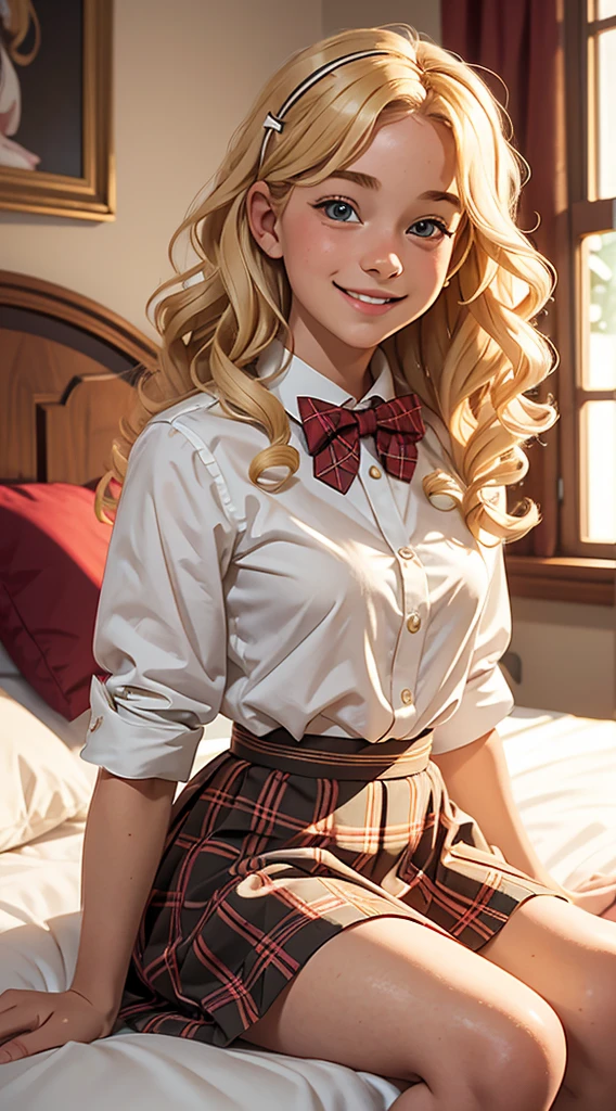 (masterpiece, best quality),1girl smiling with long Blonde curly hair sitting in a bed of her bedroom in front of her bedroom, blurry foreground, plaid short skirt, a white blouse with a loose bow tie, 10 yo, flat chest, very young,