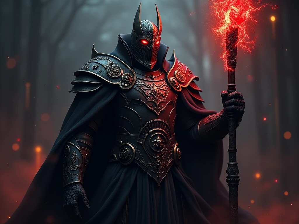 Epic, close-up shot of the Dark Lord: a towering figure in dark, elaborate armor, with glowing red eyes and a sinister aura. Holding a staff with dark energy emanating from it. Realistic, menacing, and commanding presence.