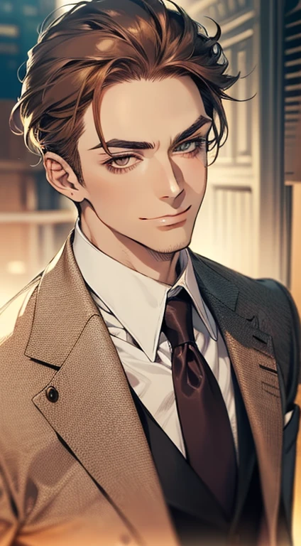 master part, best quality, Realistic, 1 men, mature male, calm and charming young man, age 25, a smirk, cloused mouth, portraite, extreme detailed face, cold smile, ((dark shaped eyes)), ((short dark brown hair swept to the right)), [bushy eyebrows], ((suit)), Handsome, distant shot, western, Jewish, light brown skin
