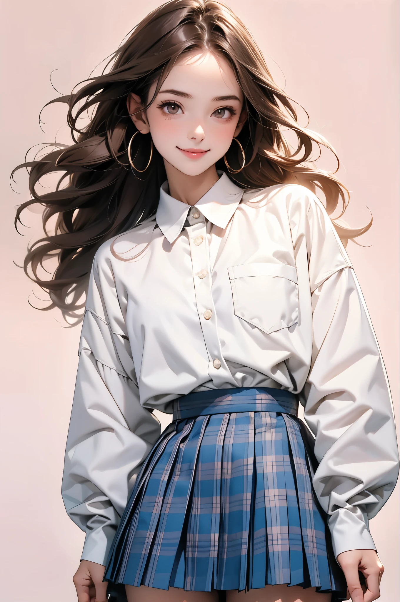 high resolution,smile,happy,light smile,woman,woman1人,adult,Clear,cute,
Brown Hair,BREAK, Light brown eyes,BREAK,wavy hair,long hair,blunt bangs,BREAK,
high school girl,uniform,White Y-shirt,Long sleeve Y-shirt,BREAK,
Dark blue plaid skirt,Pleated skirt,BREAK,
hairpin, Facing forward,BREAK,Pink background,