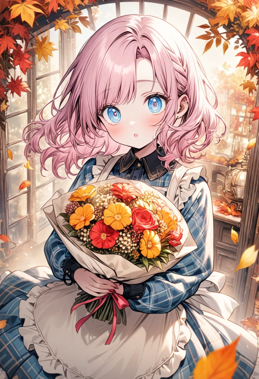 (Antique Style, Girlish: 1.2, Pink Hair: 1.1, blue eyes: 1.1, Big eyes)、Checked dress、apron、Autumn flower bouquet、Holding a bouquet、