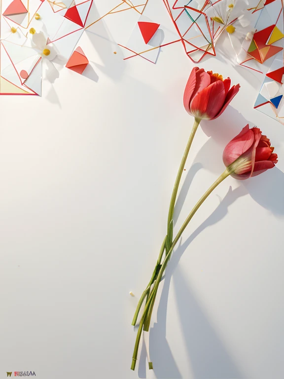 Modern art style, Tulips close-up, Angular geometric shapes background, Vibrant colors, Abstract background, White flower、Red flower、colorful