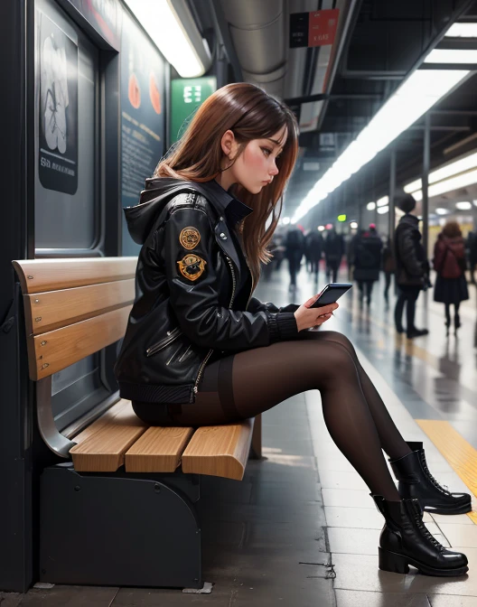 a beautiful girl wearing a black jacket, checking her phone, pantyhose, high boots, shorts, sitting on a bench in a subway station, artifical lights, with a pigeon, perfespective, from the left, profile, masterpiece, best quality, in the style of (samdoesarts:1.2)