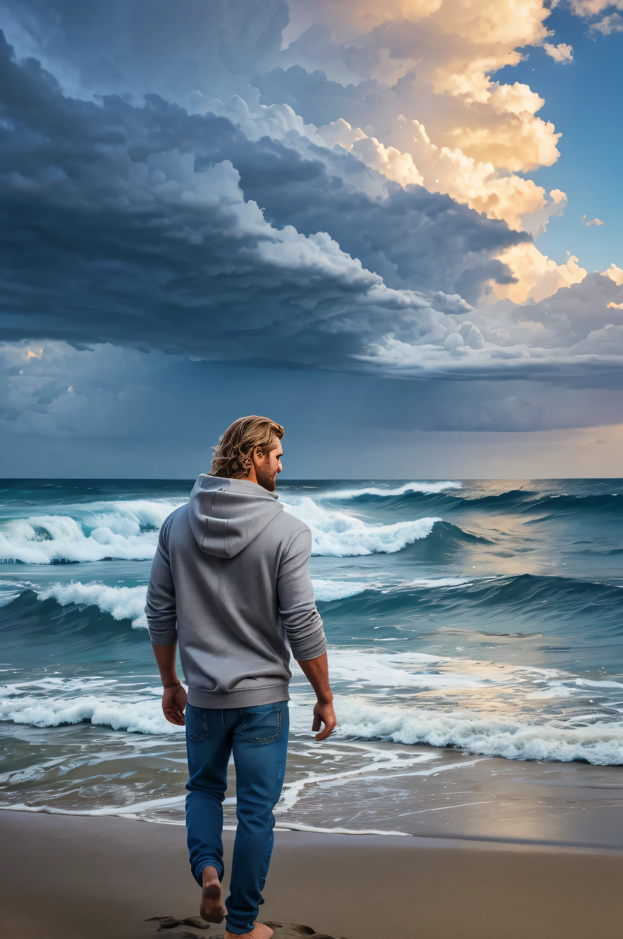 arafed image of a man in jeans and hoodie walking on the beach, the sea and storms behind him, from behind, coming out of the ocean, dressed like jesus christ, greg olsen, by Daniel Taylor, by James Ryman, bible illustration, beautiful depiction