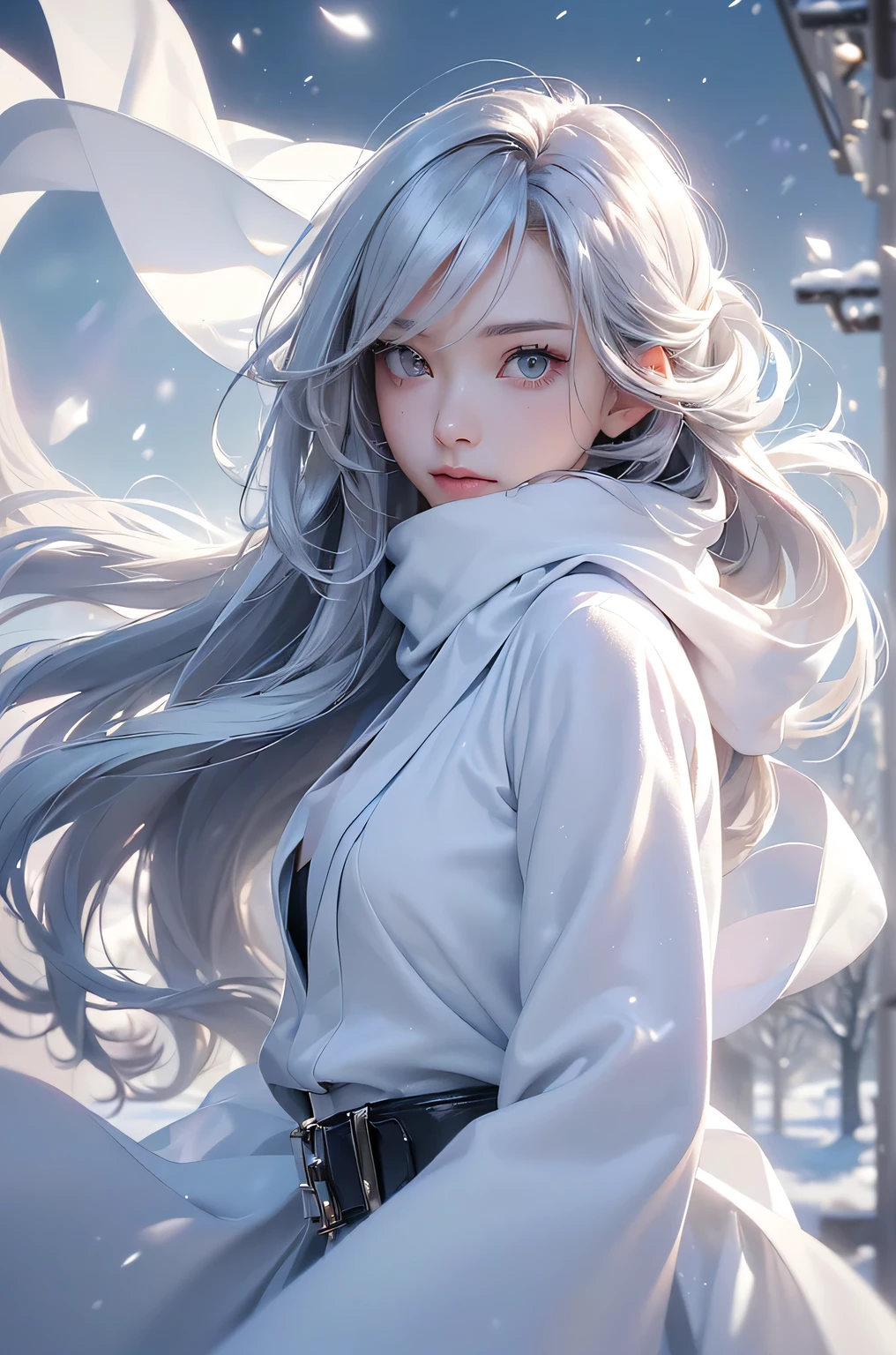 ((masterpiece:1.5、8k、Portraiture、Photorealistic and very detailed CG、Very detailed、Particle Effects、Dynamic Effects、Shallow depth of field、Cinematic Light、Lens flare、Ray Tracing、Tabletop、Realistic:1.4、Ultra-high resolution:1.2、Realistic、Realistic))((alone、,A woman wearing a cashmere coat over an off-the-shoulder dress:1.4、wear a long scarf、White Belt、coat、Elegant woman posing、Detailed face、brightexpression、young, bright, Whiter skin、small breasts、Best Looks、Ultimate beauty、Shiny silver hair with highlights、bright and shiny hair,、Super long, Silky straight hair、Hair dancing in the wind))(morning、outdoors, winter, snow falling)